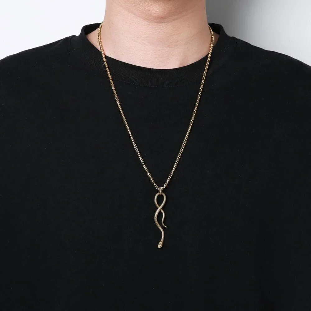 Gothic Men's 02-Gold Stainless Steel Animal Snake Pendant Chain Necklace